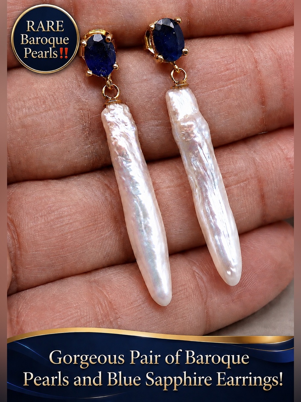 Sapphire Baroque Pearl Earrings 14k yellow Gold Electroplated on 925